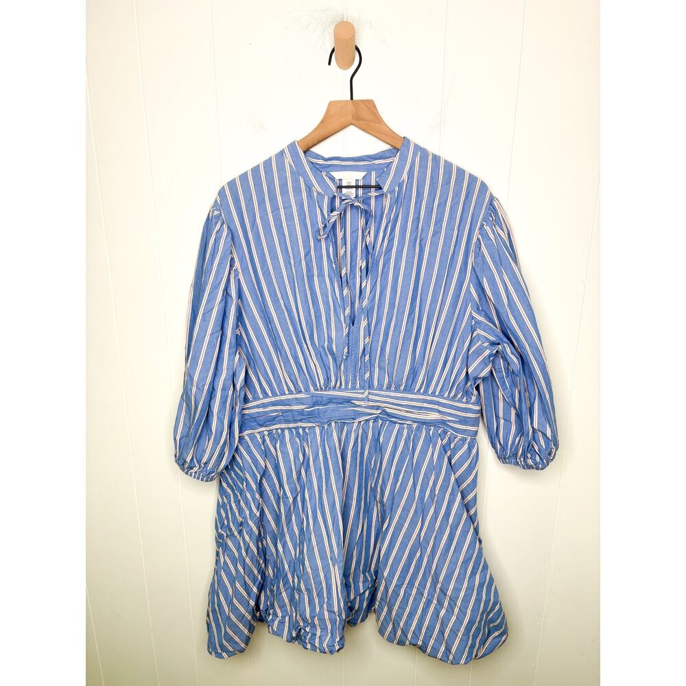 H&M Blue Stripe Bubble Dress XL Balloon Sleeve Tie Front Cottagecore Peasant - Picture 2 of 7